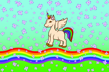 Animated Unicorn. Rainbow and Falling Pink Flowers. 3D Illustration