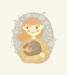 Vector hand drawn illustration. Cute girl holds a cat. Round background with abstract floral elements and apples. Characters in flat style. Fairytale, mythical cartoon, cozy clipart, greeting card.
