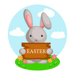 Happy Easter greeting card with сolorful rabbit and flowers