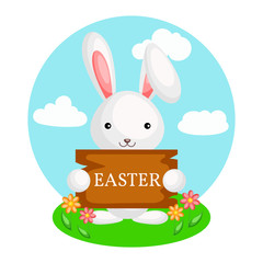 Happy Easter greeting card with сolorful rabbit and flowers