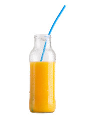 Orange juice in a glass bottle. Bottle of orange juice isolate on a white background.