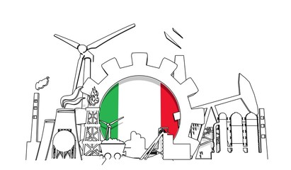 Energy and power industrial concept. Gear with flag of the Italy. Energy generation and heavy industry. 3D rendering. Thin line style