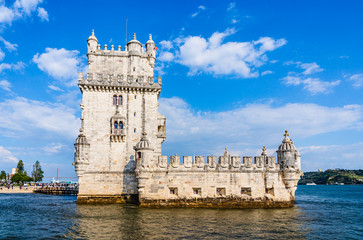 The tower of Belem,  Tower of Saint Vincent by the water of the Tagus river estuary in Belem, Lisbon, Portugal