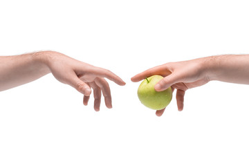Two male hands passing one another fresh juicy green apple on white background