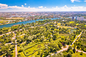 Vienna. Green landscape of Donaupark and aerial view of Vienna suburbs