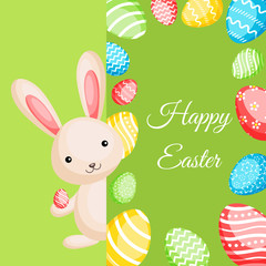 Happy Easter greeting card with сolorful bunny and flowers