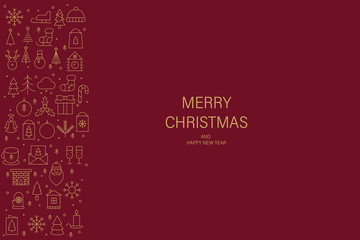 Christmas greeting card with gold  thin line icons, red background.