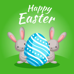 Happy Easter greeting card with сolorful bunnies and egg