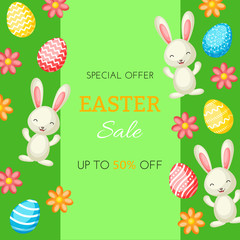 Happy Easter sale vector banner with сolorful bunnies, eggs and flowers