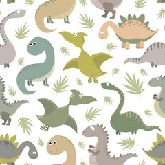 Seamless pattern with dinosaurs and tropical leaves. Vector illustration with cute Dino design.