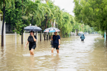 Citizen crossing through puddles with umbrella