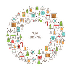 Christmas and New Year greeting card. Thin line elements, vector illustration.