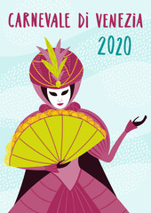 Hand drawn vector illustration with woman in mask, elegant colorful carnival costume, Italian text Carnevale di Venezia 2020. Flat style design. Concept for Carnival of Venice poster, flyer, banner.