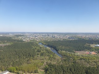 Panoramic view of the autumn multi-colored botanical park on a background of blue sky