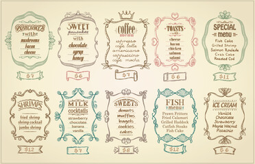 Assorted menu list with antique frames - pancakes, sweet pancakes, coffee menu, toasts