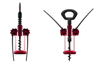 Obraz premium Isolated corkscrew transparent mechanism. Before, after. Open and closed. Bright, reflective. Modern red glass cork screw. White background. Top front view. High resolution. 3d illustration