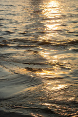 golden water wave reflection in sunset.Gold water texture.