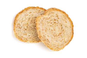 Sliced wheat baguette isolated on white background. Top view