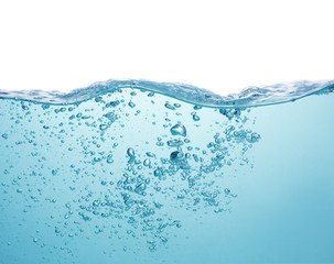 blue water with splash and air bubbles on white background