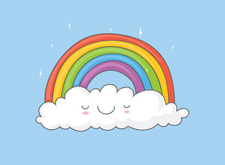 Cute and childish drawing of a rainbow on a smiling cloud for kids