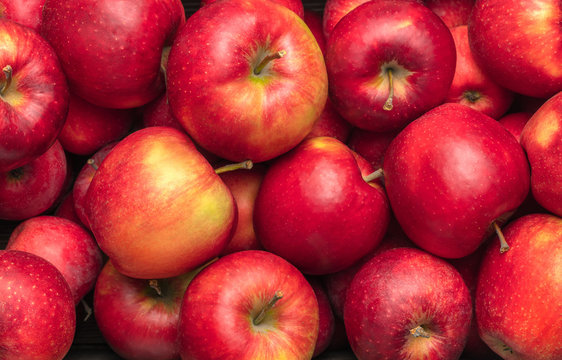 close-up view of ripe red apples