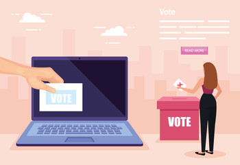 poster of vote with business woman and laptop vector illustration design