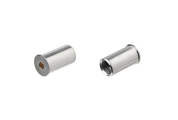 False ammo for idle double-barreled shotgun shutter. Metal cylinders isolate on a white background.