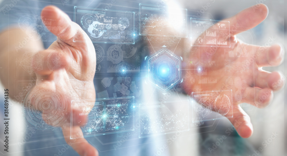 Poster businessman using digital technological interface with datas 3d rendering