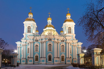 Fototapeta na wymiar Saint Petersburg, Russia. Saint Nicholas Naval cathedral at winter dawn.