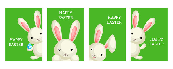 Set of Happy Easter greeting cards with сolorful bunny and egg