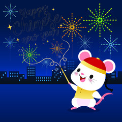 White Cute Mouse with firework celebrate in Happy Chinese New Year at night in the city background