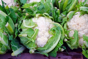 Fresh organic white cauliflower at a farmers market