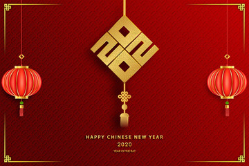 Happy chinese new year 2020 year of the rat ,paper cut rat character,flower and asian elements with craft style on background.