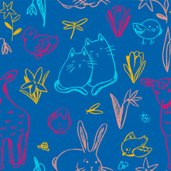 Fototapeta na wymiar Vector graphic seamless pattern. Bright cute spring background. Colorful contour doodles drawing. Spring animals and plants sketches. Funny wallpaper for kids design, wrapping, fabric, website, print.
