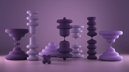 Waxy candles in the shape of hourglass, abstract shapes, organic composition, purple pastel colored background, concept of passing of time, fluidity, perception of relativity
