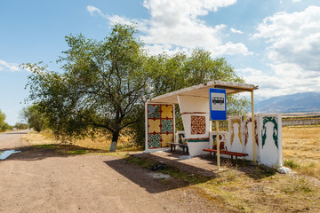 bus stop and road stop sign, waiting place for the bus, Kazakhstan