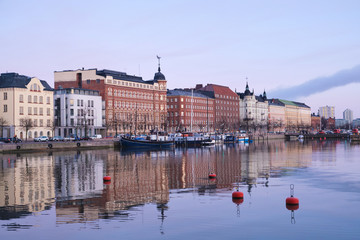 View of a marina in the Kruununhaka district of Helsinki, Finland.