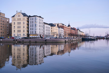 morning view of a marina in the Kruununhaka district of Helsinki, Finland.