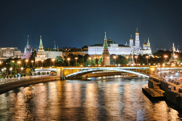 Famous Night View of Moskva river and Kremlin, Moscow, Russia