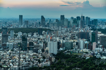 Tokyo skyline and skyscrapers at sunset viewed from Mori Tower observation deck, Japan