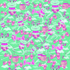 Seamless pattern with a frog in a swimsuit, a basket and slates on a sea background.