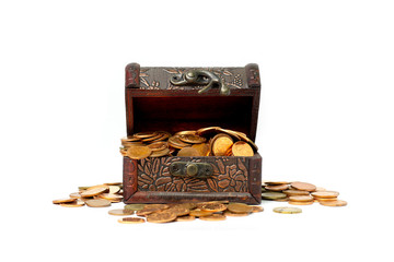 Treasure chest full of old gold coins. The coin overflowed. Isolated on a white background. Color Range.