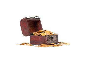 Treasure chest full of old gold coins. The coin overflowed. Isolated on a white background. Color Range.