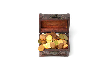 Treasure chest full of old gold coins. The coin overflowed. Isolated on a white background. Color Range.