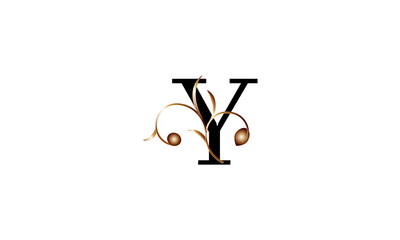 Elegant letter Y in black with a botanical metallic element. Vector logo design. Alphabet label sign for brand and identity.