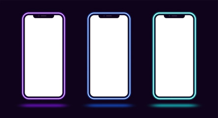 Phone mockup with neon border, violet blue cyan color. Modern set of phone templates with creative neon frame