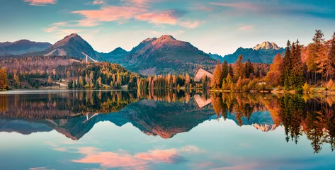 Wall murals Bedroom Panoramic autumn view of Strbske pleso lake. Calm morning scene of High Tatras National Park, Slovakia, Europe. Beauty of nature concept background.