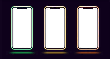 Phone mockup with neon border, green yellow orange color. Modern set of phone templates with creative neon frame