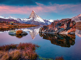 Unbelievable morning view of Stellisee lake with Matterhorn / Cervino peak on background....