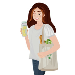 Girl with a eco bag and reusable water bottle. Eco friendly concept.